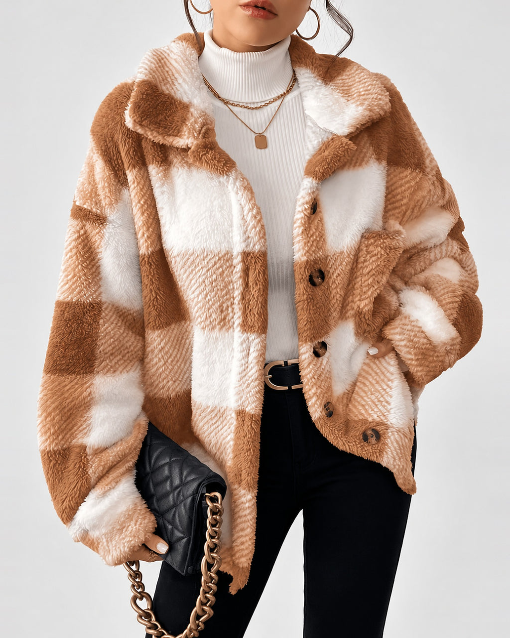 Women's Checked Textured Shacket with Button Front and Spread Collar in Camel – studio view