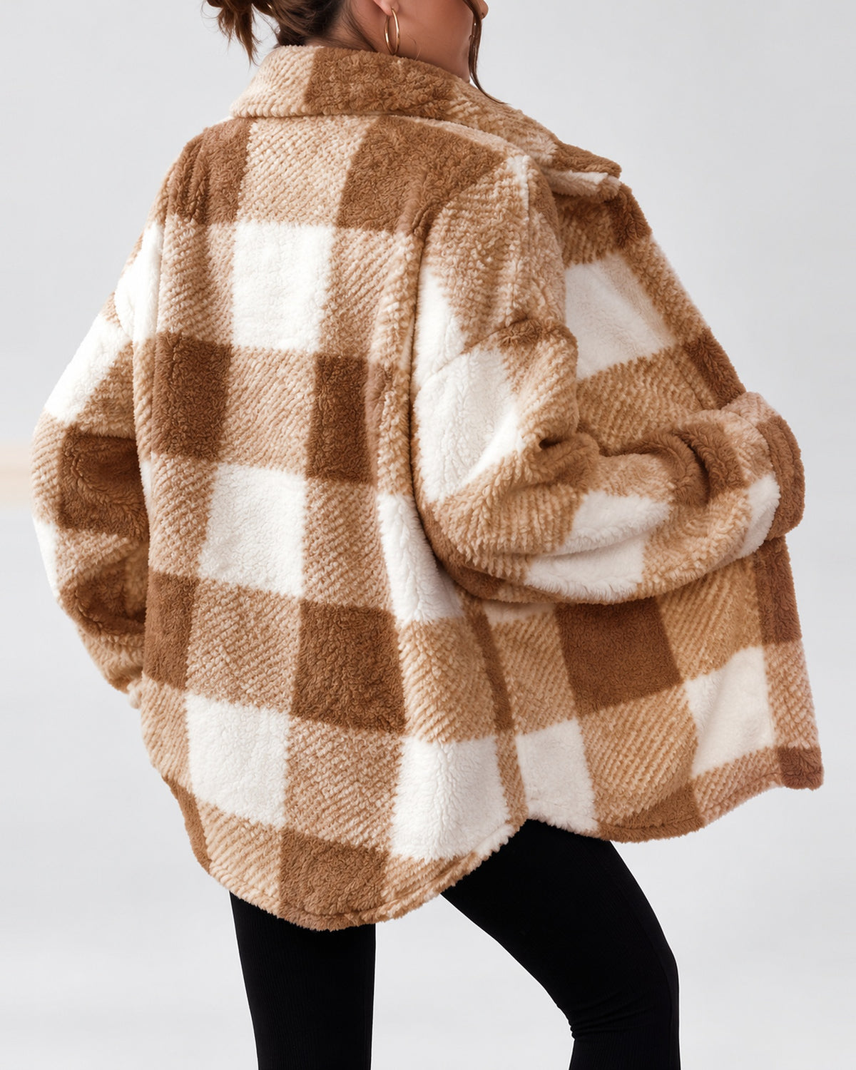 Women's Checked Textured Shacket with Button Front and Spread Collar in Camel – studio view