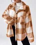 Women's Checked Textured Shacket with Button Front and Spread Collar in Camel – studio view