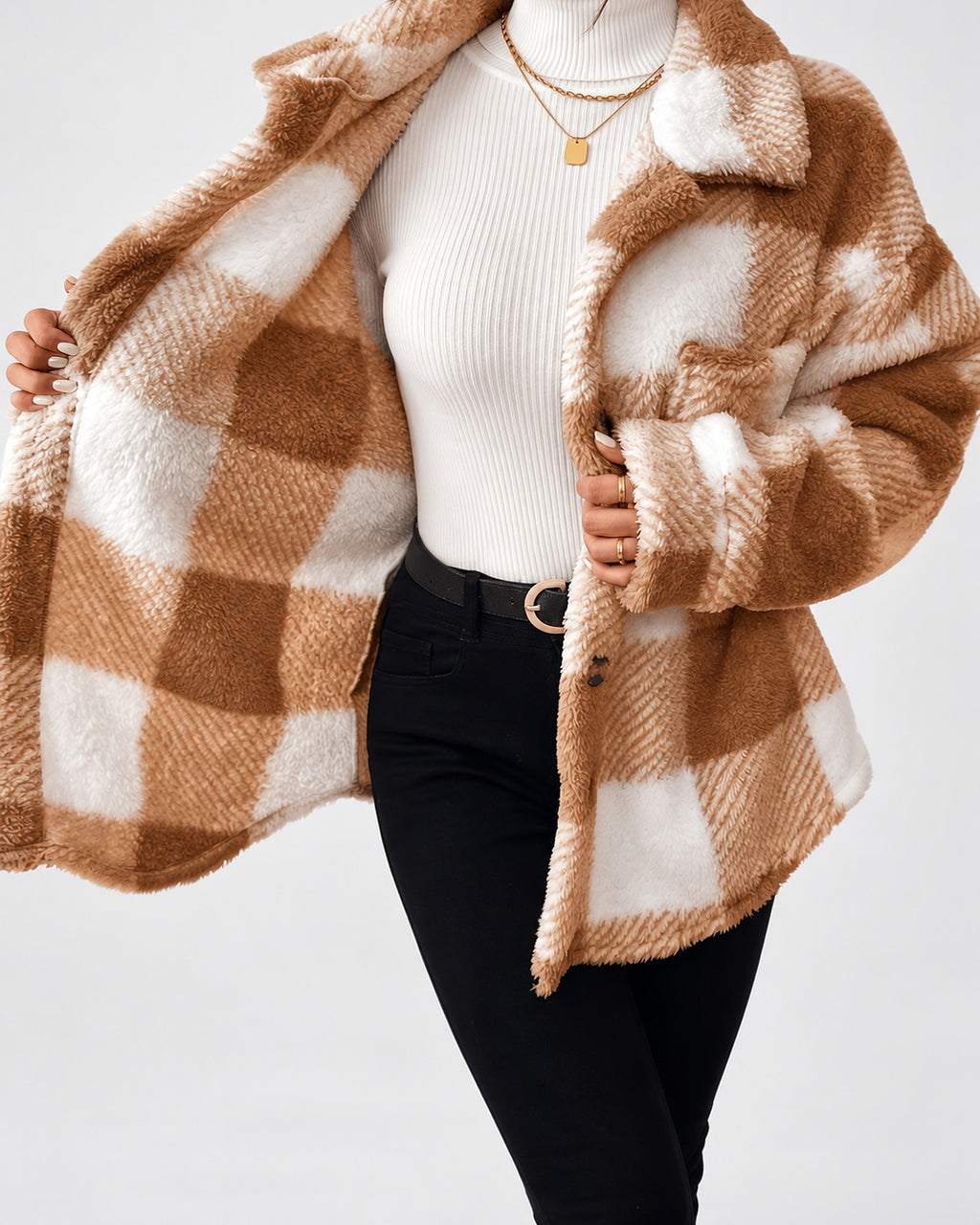 Women's Checked Textured Shacket with Button Front and Spread Collar in Camel – studio view