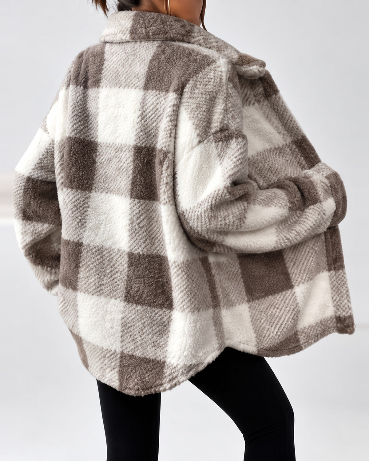 Women's Checked Textured Shacket with Button Front and Spread Collar in Dark Grey – studio view