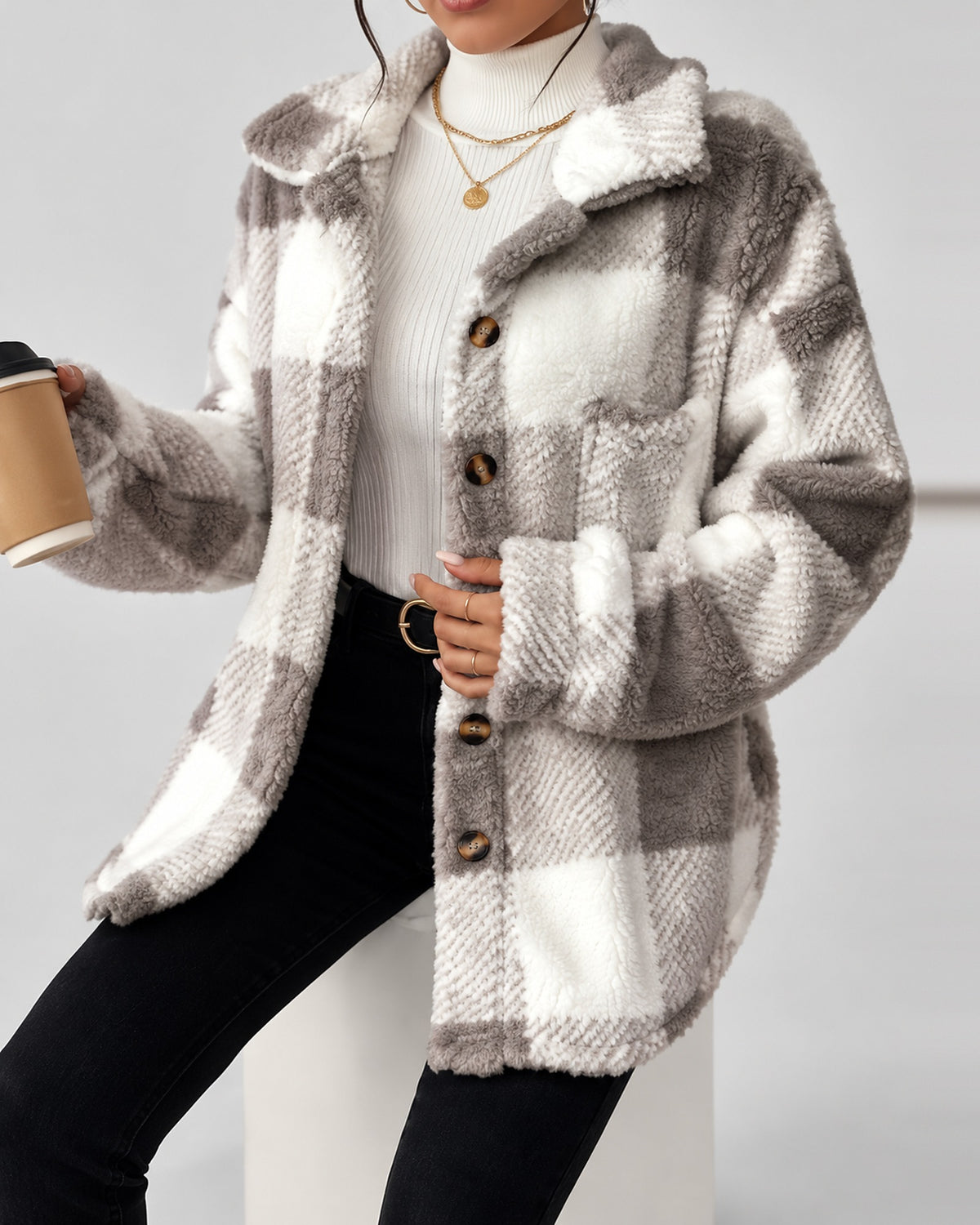 Women's Checked Textured Shacket with Button Front and Spread Collar in Dark Grey – studio view