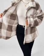 Women's Checked Textured Shacket with Button Front and Spread Collar in Dark Grey – studio view