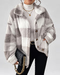 Women's Checked Textured Shacket with Button Front and Spread Collar in Light Grey – studio view