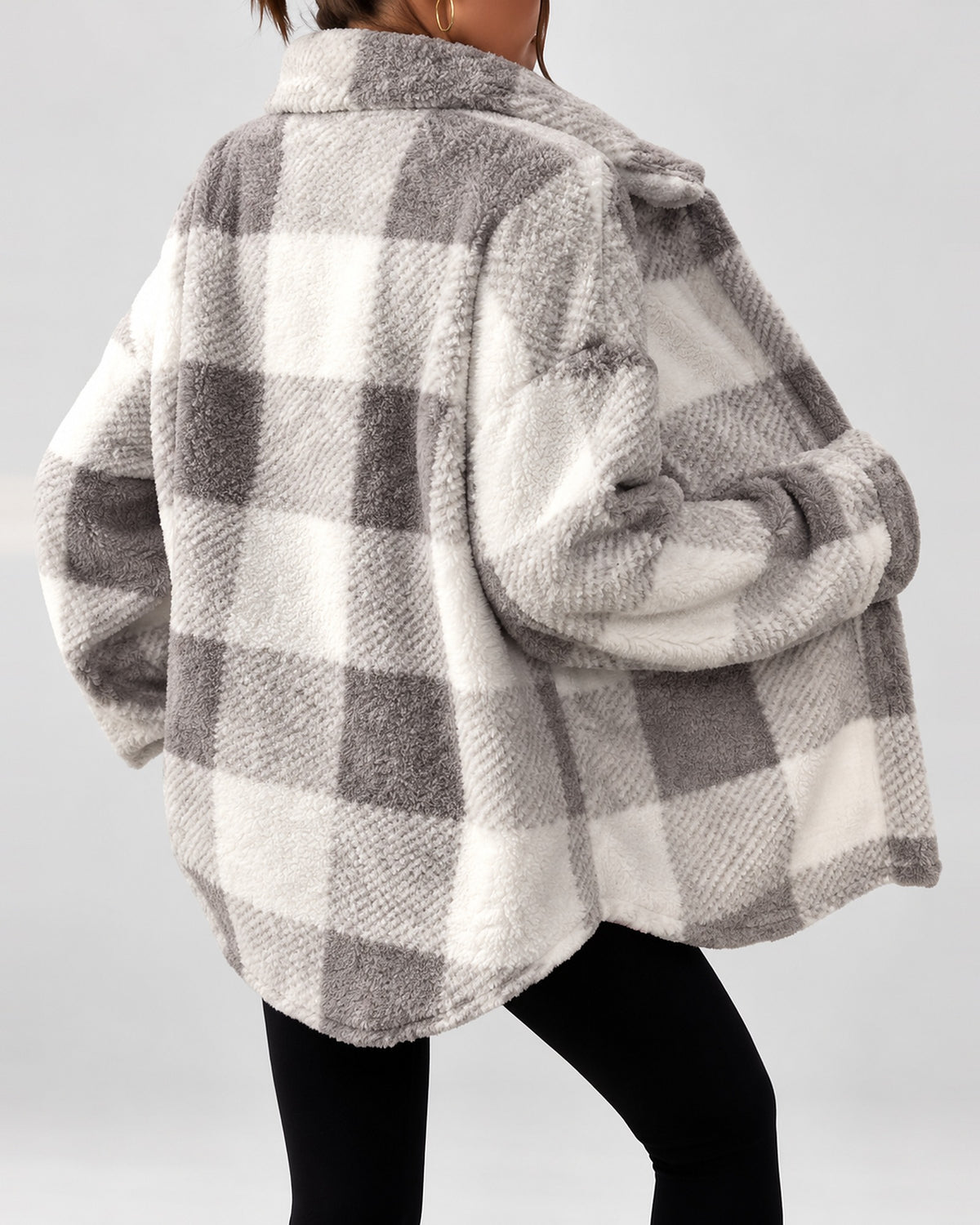 Women's Checked Textured Shacket with Button Front and Spread Collar in Light Grey – studio view