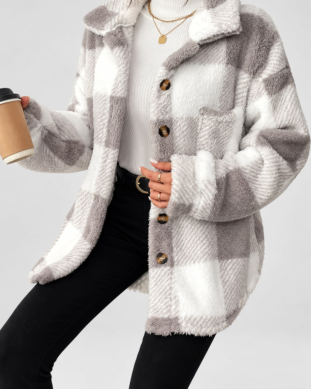 Women's Checked Textured Shacket with Button Front and Spread Collar in Light Grey – studio view