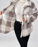 Women's Checked Textured Shacket with Button Front and Spread Collar in Light Grey – studio view