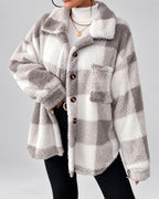 Women's Checked Textured Shacket with Button Front and Spread Collar in Light Grey – studio view