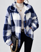 Women's Checked Textured Shacket with Button Front and Spread Collar in Navy – studio view