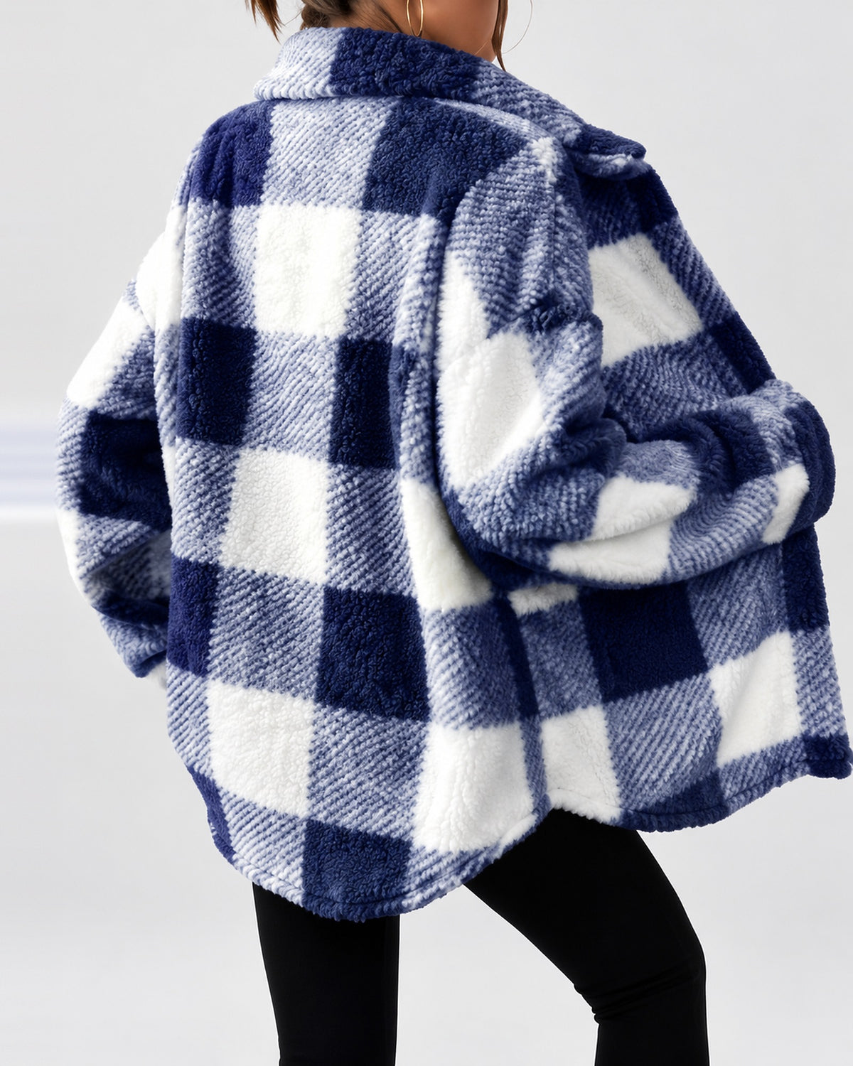 Women's Checked Textured Shacket with Button Front and Spread Collar in Navy – studio view