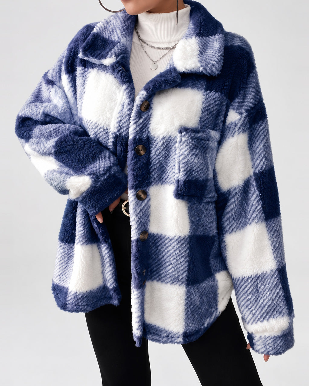 Women's Checked Textured Shacket with Button Front and Spread Collar in Navy – studio view