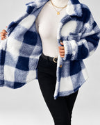 Women's Checked Textured Shacket with Button Front and Spread Collar in Navy – studio view