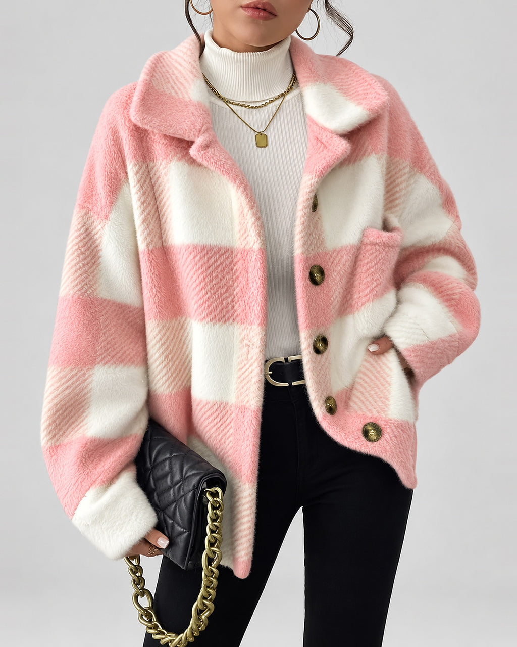 Women's Checked Textured Shacket with Button Front and Spread Collar in Pink – studio view