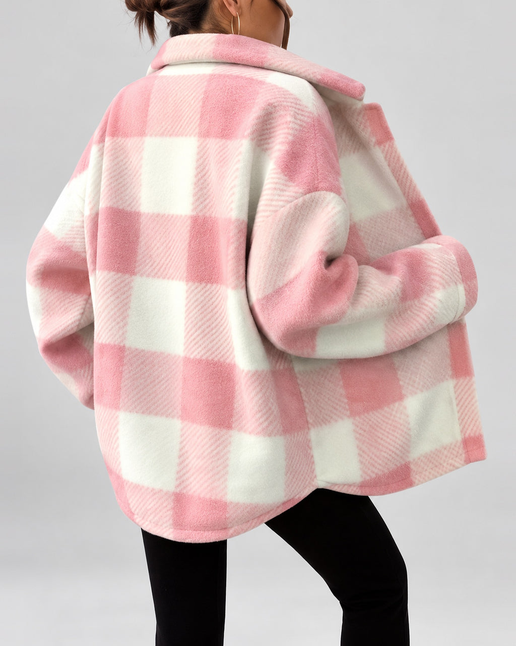 Women's Checked Textured Shacket with Button Front and Spread Collar in Pink – studio view
