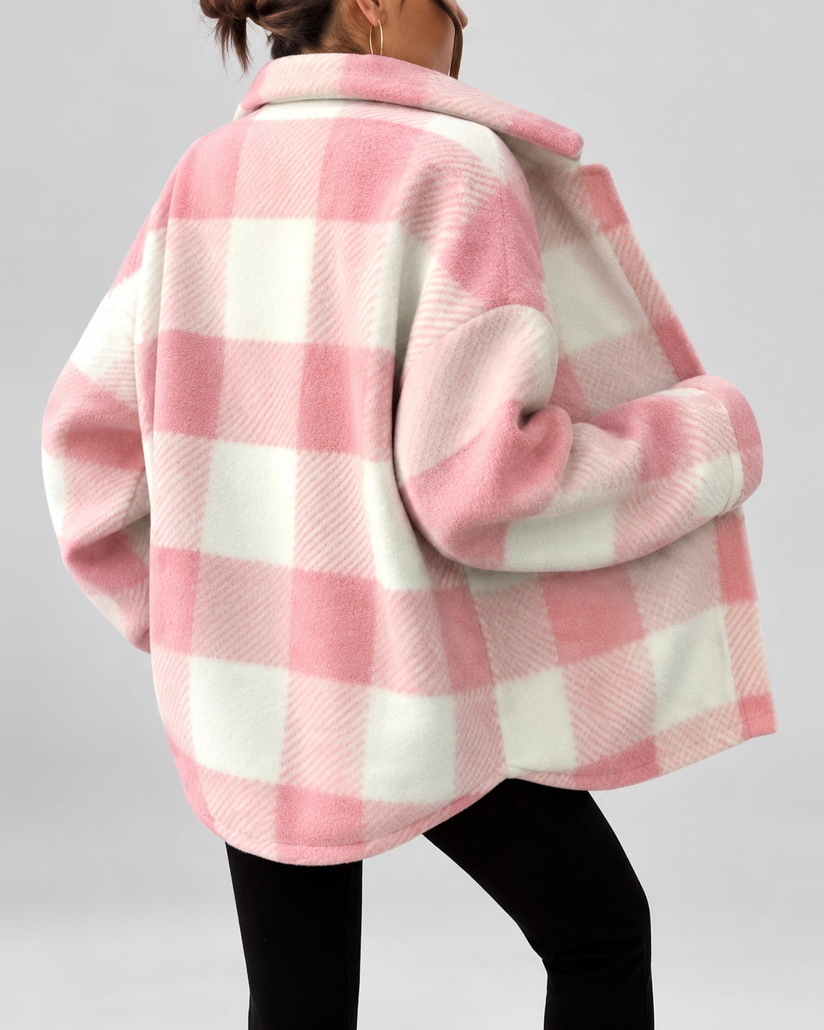 Women's Checked Textured Shacket with Button Front and Spread Collar in Pink – studio view