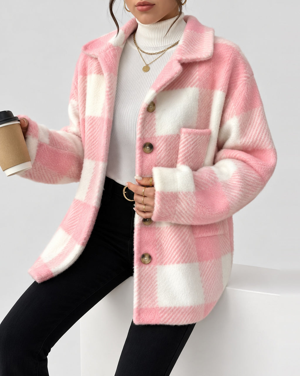 Women's Checked Textured Shacket with Button Front and Spread Collar in Pink – studio view