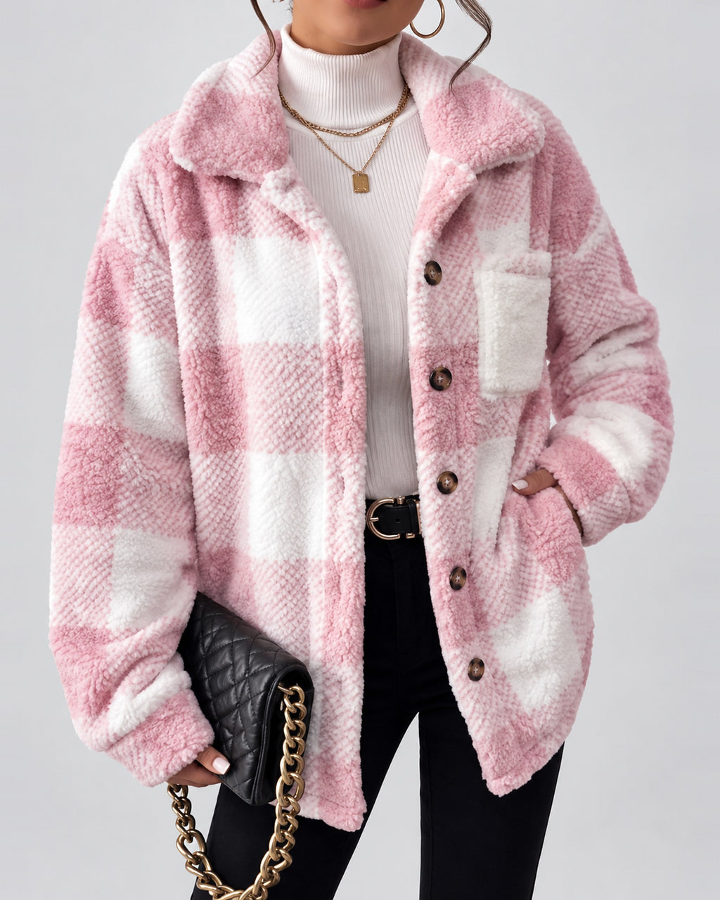 Women's Checked Textured Shacket with Button Front and Spread Collar in Pink – studio view