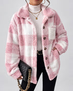 Women's Checked Textured Shacket with Button Front and Spread Collar in Pink – studio view