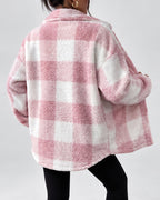 Women's Checked Textured Shacket with Button Front and Spread Collar in Pink – studio view
