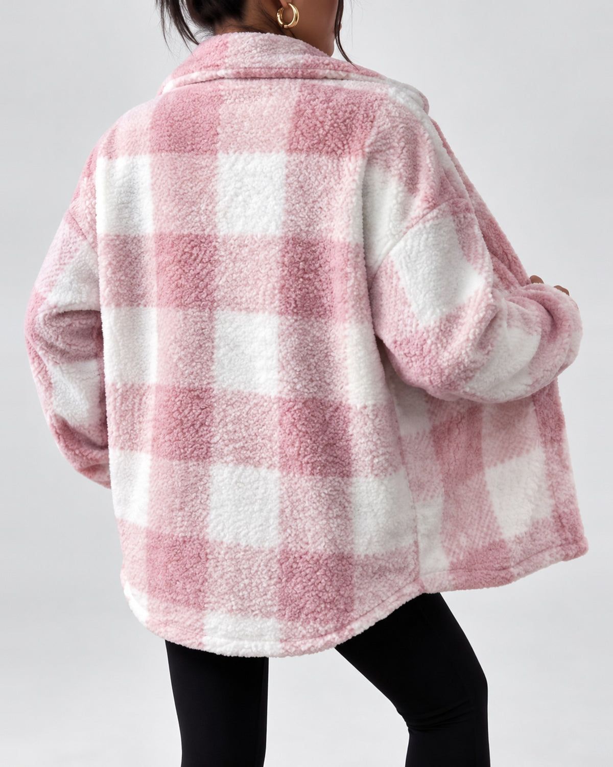 Women's Checked Textured Shacket with Button Front and Spread Collar in Pink – studio view