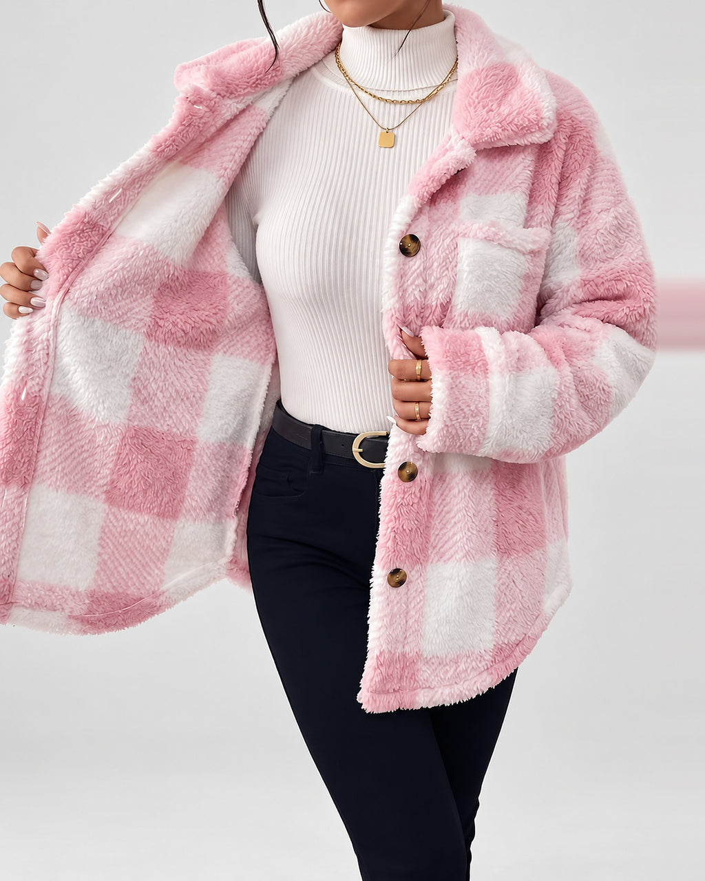 Women's Checked Textured Shacket with Button Front and Spread Collar in Pink – studio view