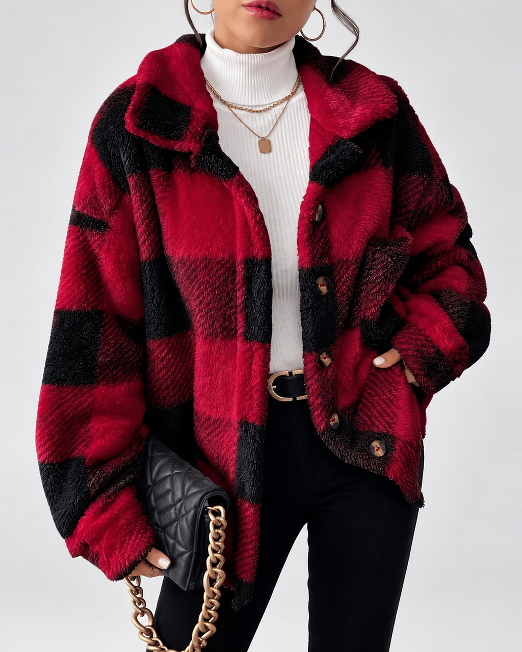 Women's Checked Textured Shacket with Button Front and Spread Collar in Red – studio view