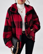 Women's Checked Textured Shacket with Button Front and Spread Collar in Red – studio view