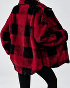 Women's Checked Textured Shacket with Button Front and Spread Collar in Red – studio view