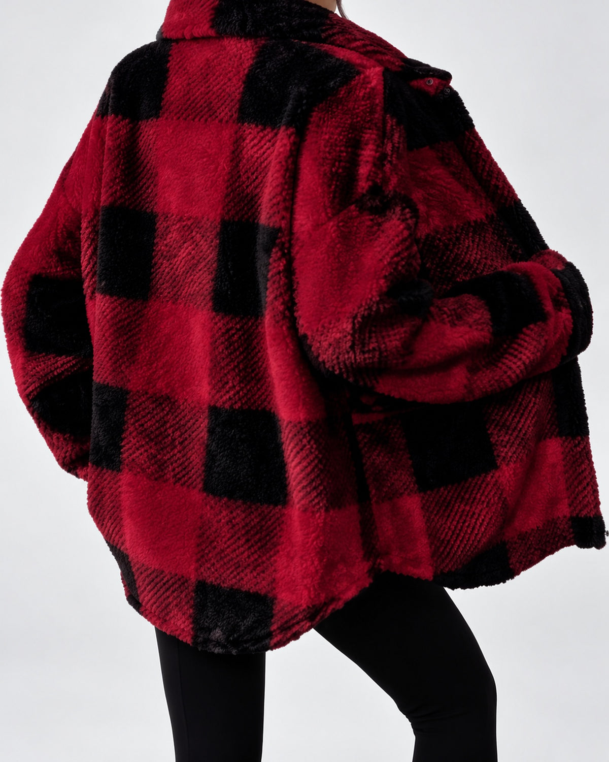 Women's Checked Textured Shacket with Button Front and Spread Collar in Red – studio view