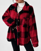 Women's Checked Textured Shacket with Button Front and Spread Collar in Red – studio view