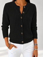 Women's Ribbed Button-Front Cardigan with Round Neck & Long Sleeves in Black