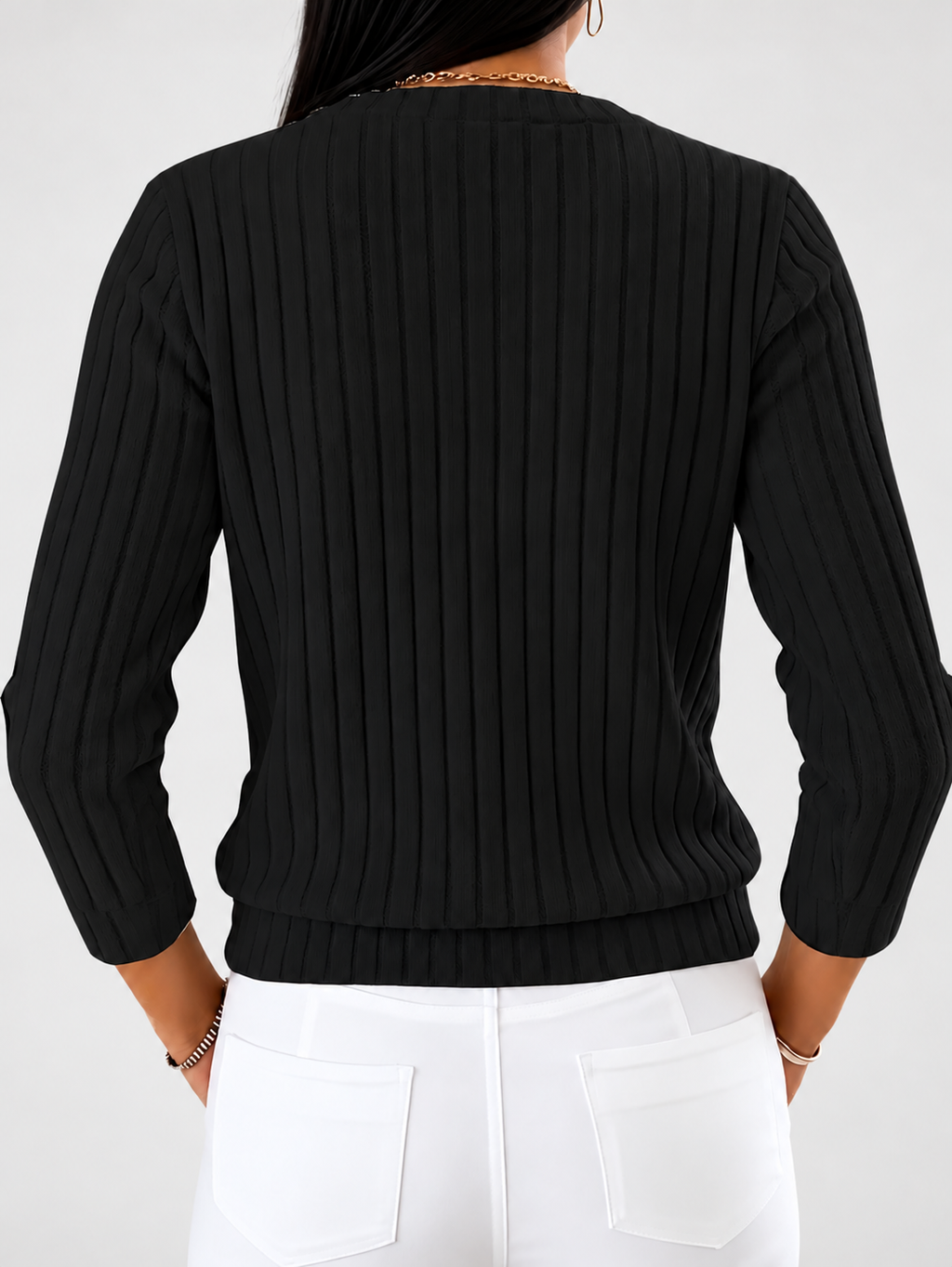 Women's Ribbed Button-Front Cardigan with Round Neck & Long Sleeves in Black