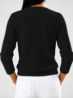 Women's Ribbed Button-Front Cardigan with Round Neck & Long Sleeves in Black