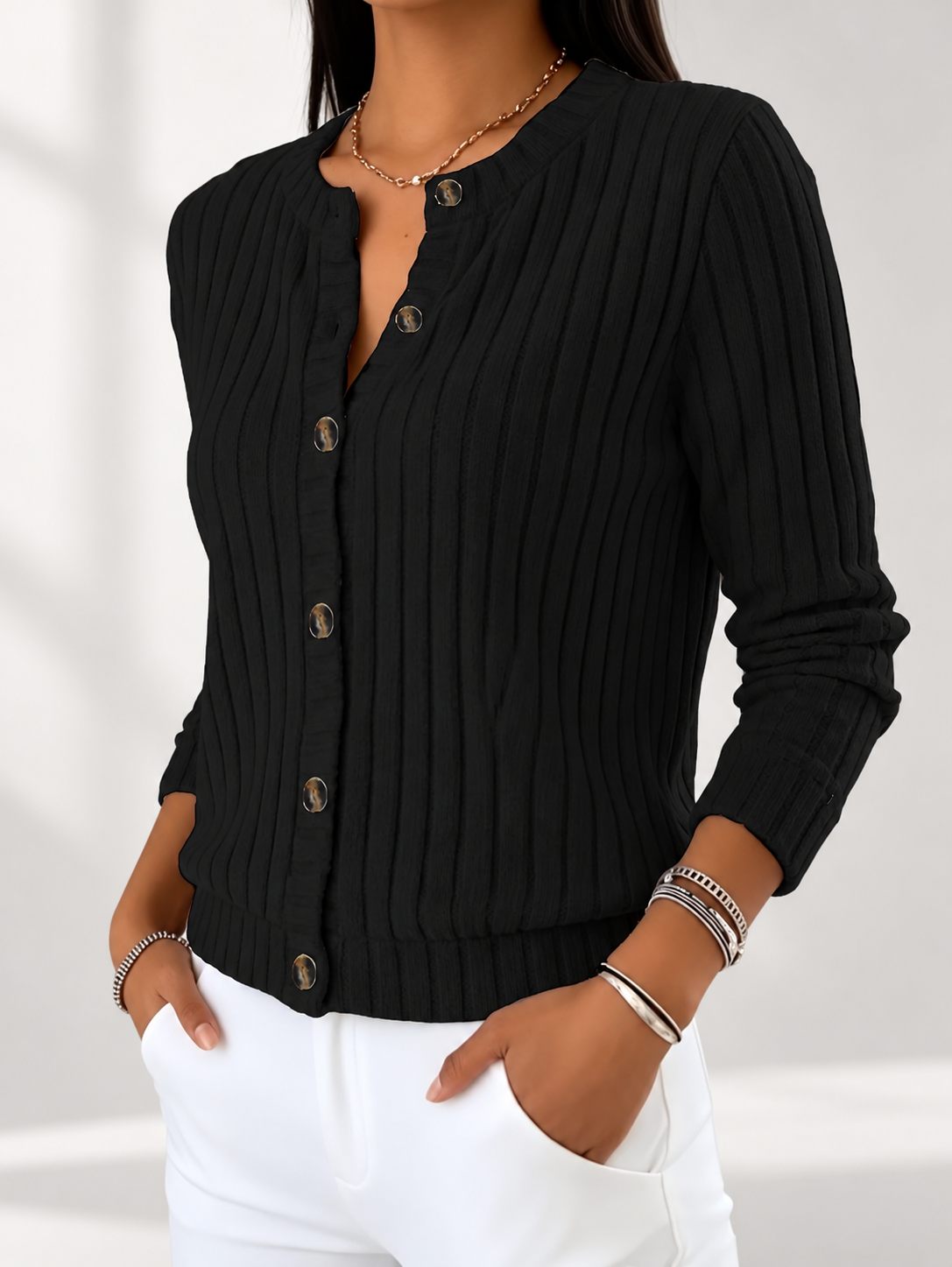Women's Ribbed Button-Front Cardigan with Round Neck & Long Sleeves in Black