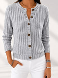 Women's Ribbed Button-Front Cardigan with Round Neck & Long Sleeves in Grey