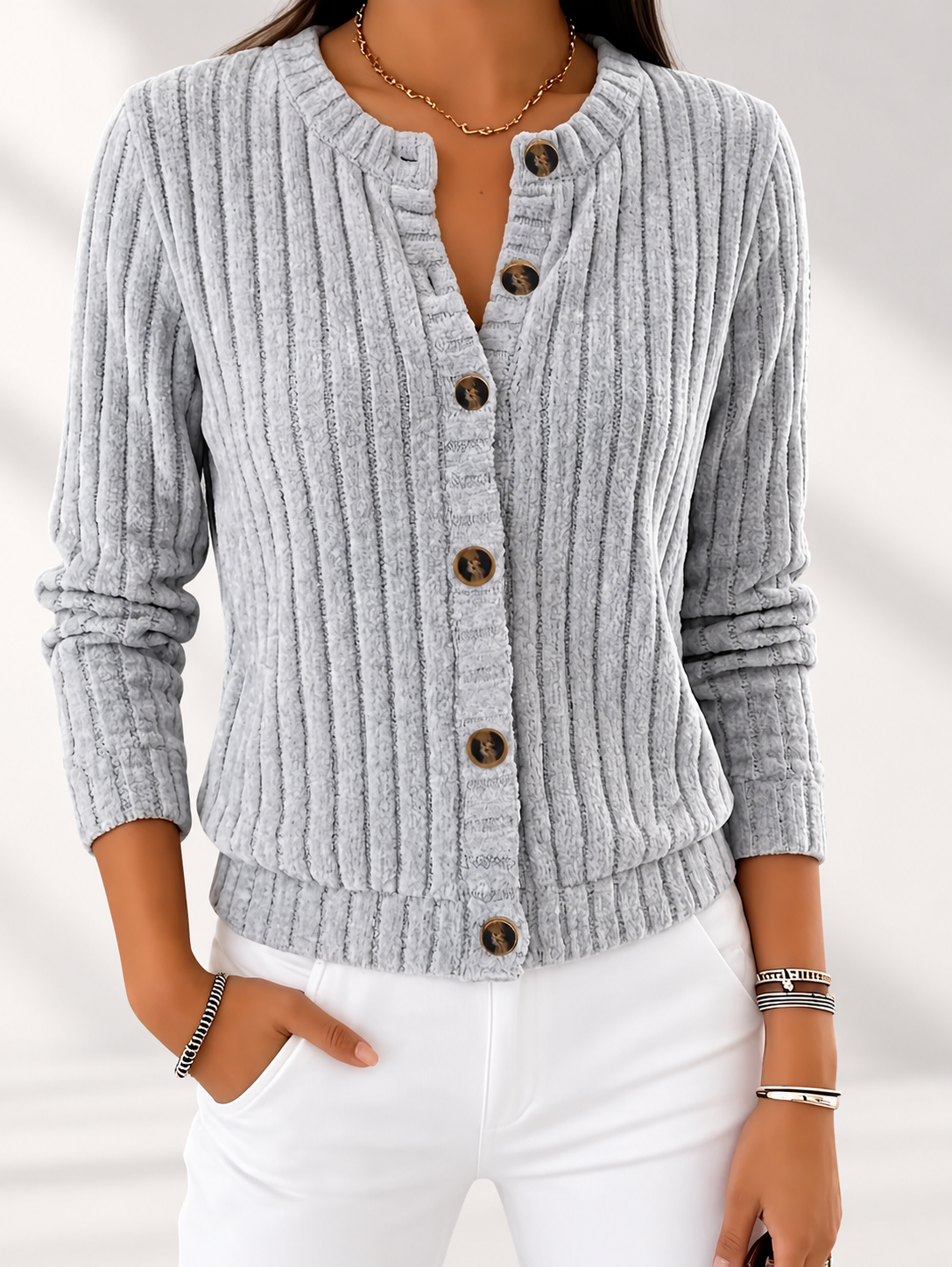 Women's Ribbed Button-Front Cardigan with Round Neck & Long Sleeves in Grey