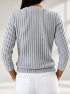 Women's Ribbed Button-Front Cardigan with Round Neck & Long Sleeves in Grey