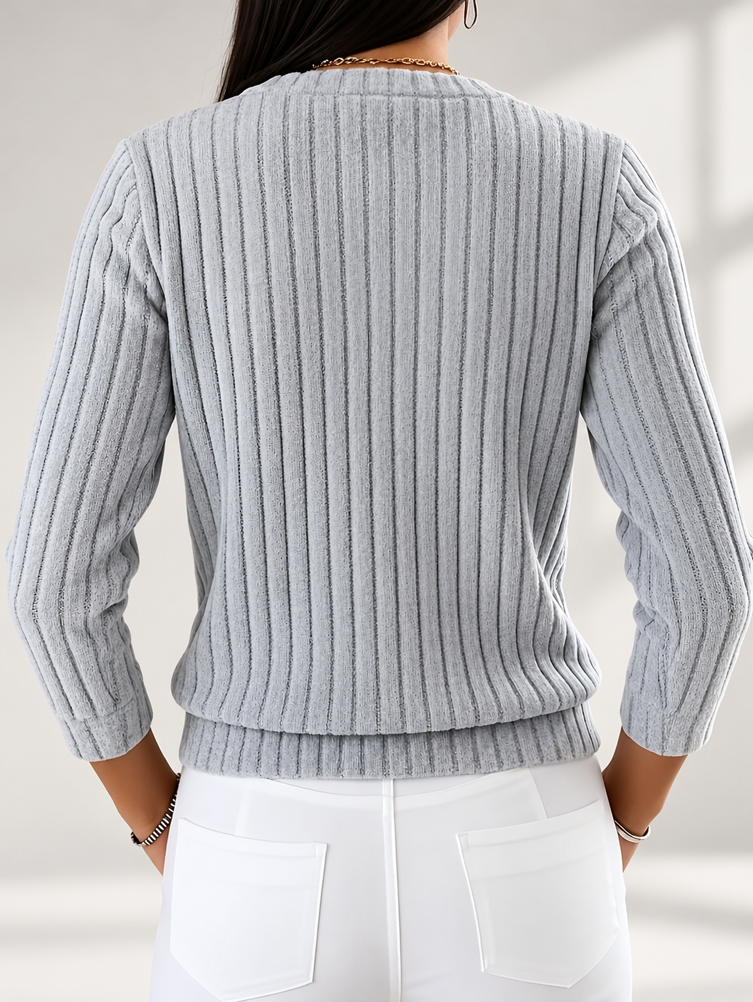 Women's Ribbed Button-Front Cardigan with Round Neck & Long Sleeves in Grey