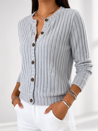 Women's Ribbed Button-Front Cardigan with Round Neck & Long Sleeves in Grey
