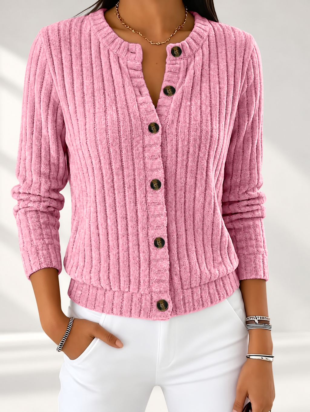 Women's Ribbed Button-Front Cardigan with Round Neck & Long Sleeves in Pink