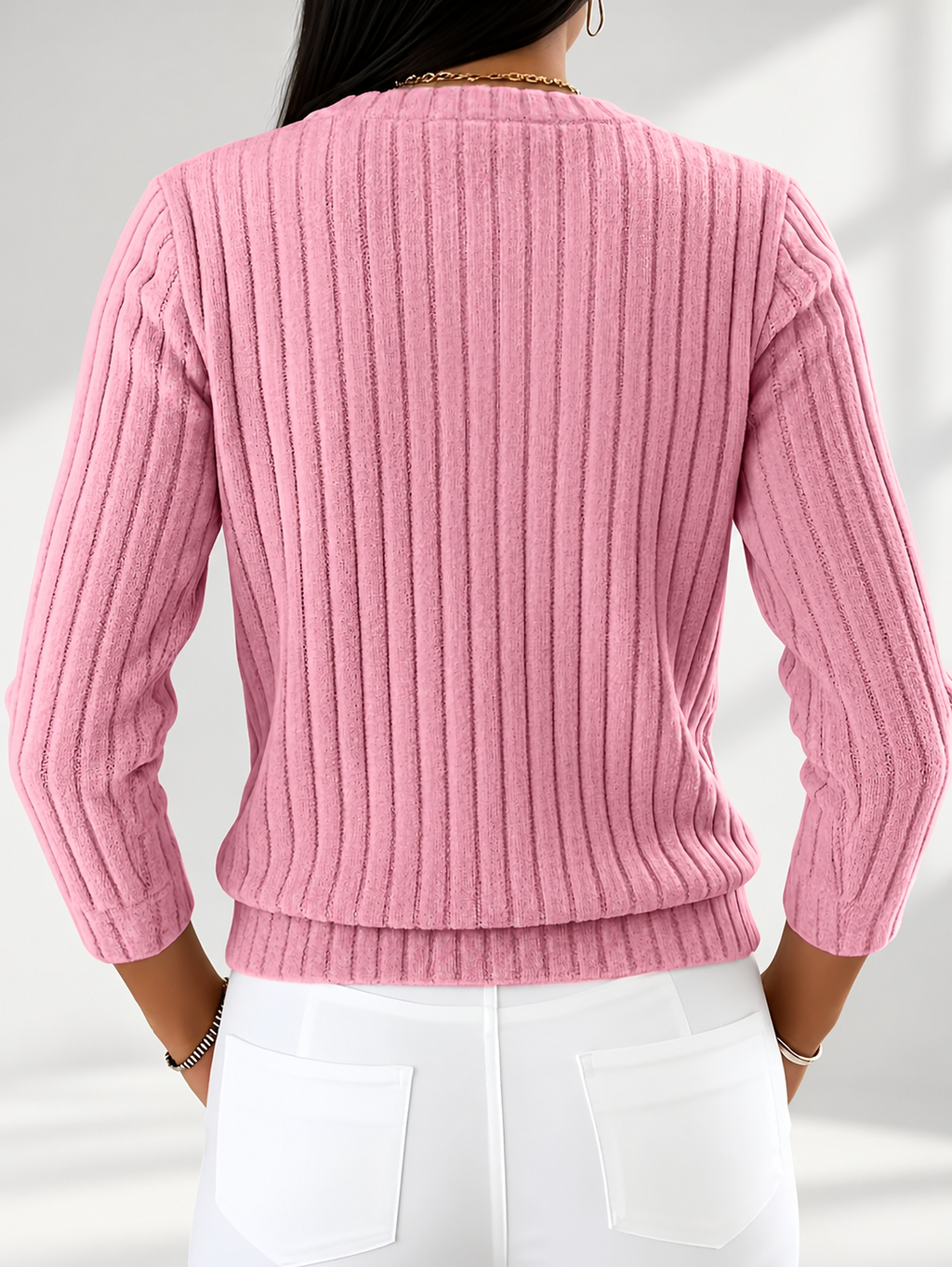 Women's Ribbed Button-Front Cardigan with Round Neck & Long Sleeves in Pink