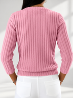 Women's Ribbed Button-Front Cardigan with Round Neck & Long Sleeves in Pink