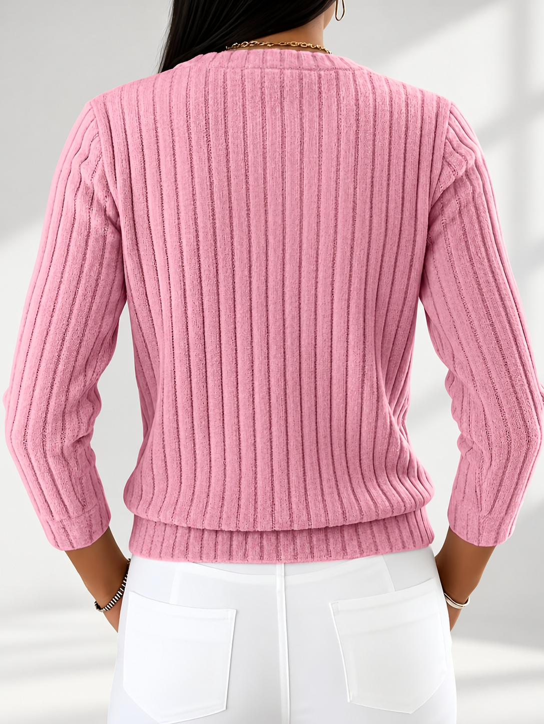 Women's Ribbed Button-Front Cardigan with Round Neck & Long Sleeves in Pink
