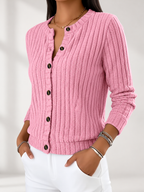 Women's Ribbed Button-Front Cardigan with Round Neck & Long Sleeves in Pink