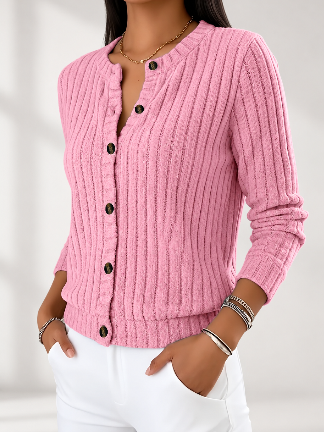 Women's Ribbed Button-Front Cardigan with Round Neck & Long Sleeves in Pink