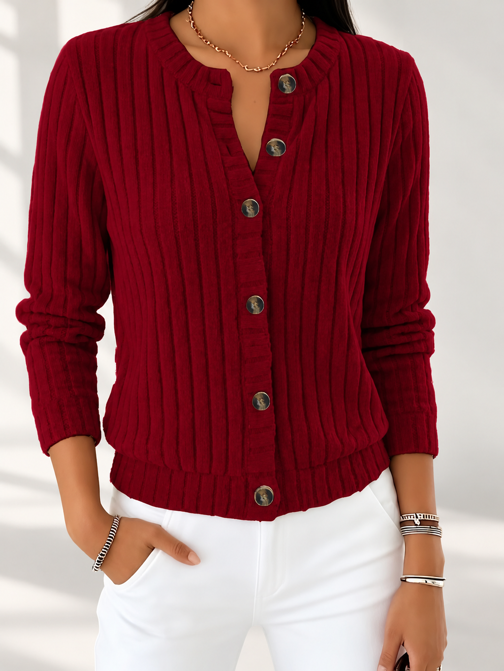 Women's Ribbed Button-Front Cardigan with Round Neck & Long Sleeves in Red