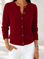 Women's Ribbed Button-Front Cardigan with Round Neck & Long Sleeves in Red