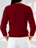 Women's Ribbed Button-Front Cardigan with Round Neck & Long Sleeves in Red