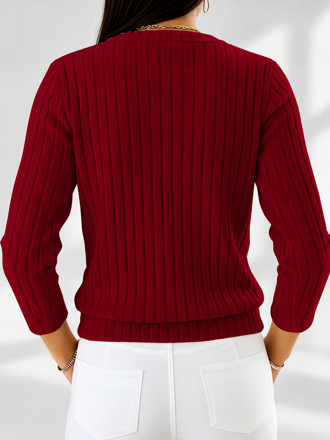 Women's Ribbed Button-Front Cardigan with Round Neck & Long Sleeves in Red