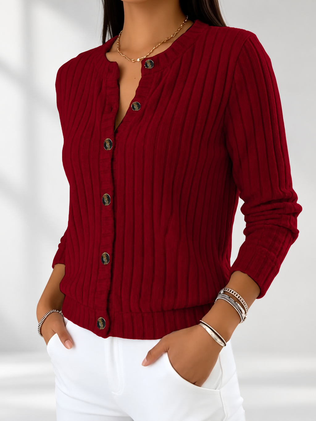 Women's Ribbed Button-Front Cardigan with Round Neck & Long Sleeves in Red